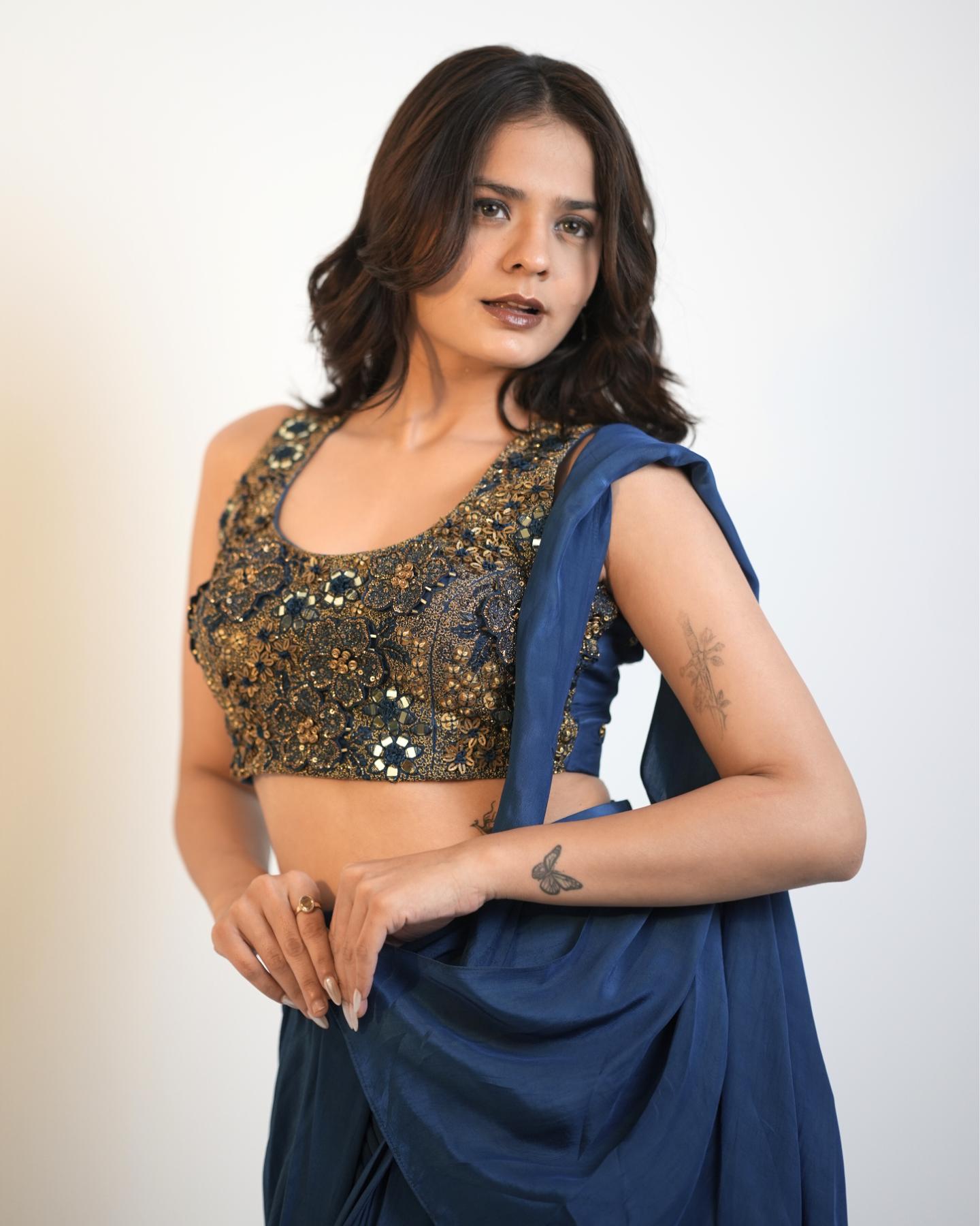 Midnight Blue Pre-Draped Saree Set with Heavily Hand-Embroidered Blouse