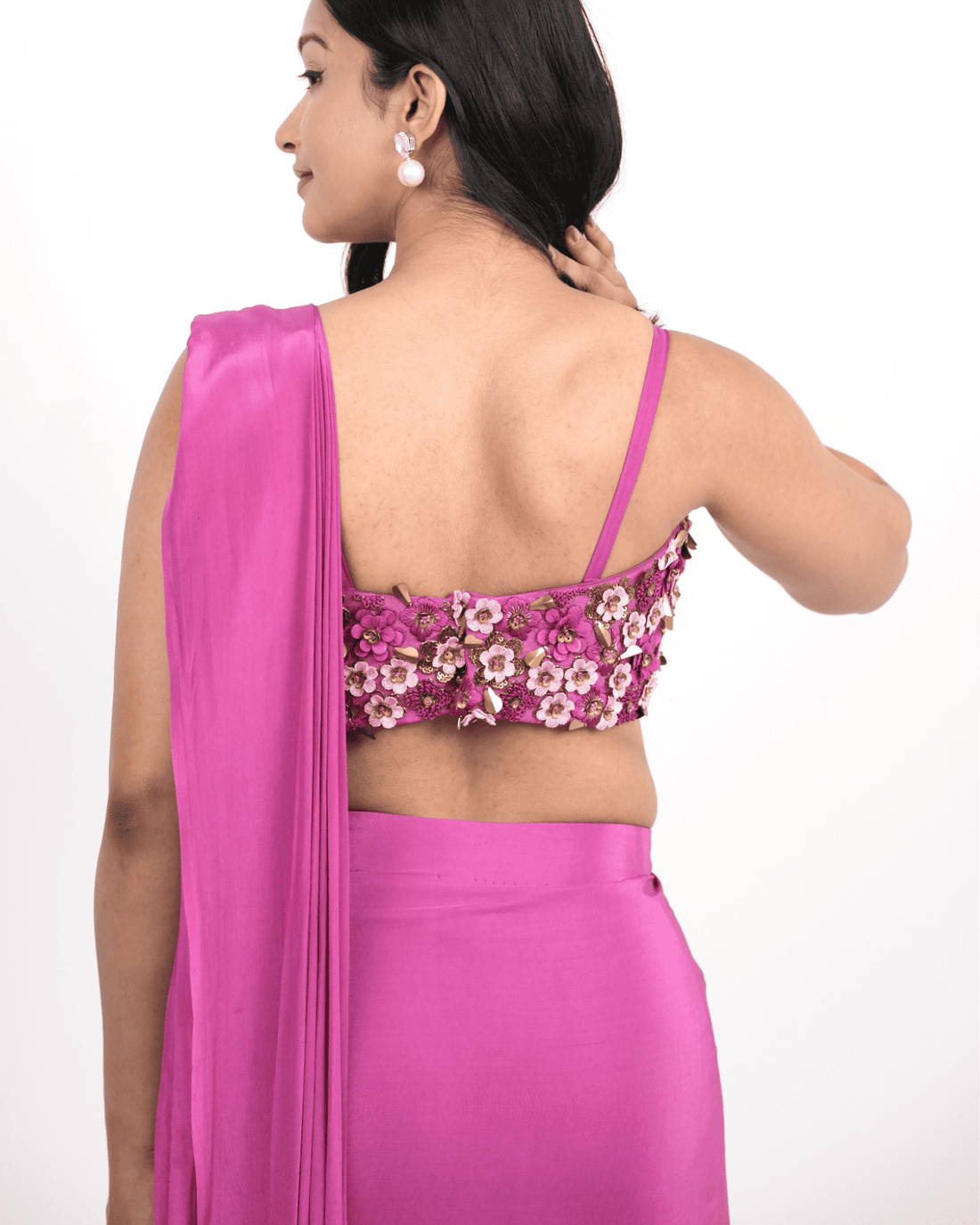 The Fuschia Fusion, Pre-Draped Natural Crepe Saree with Draped Blouse