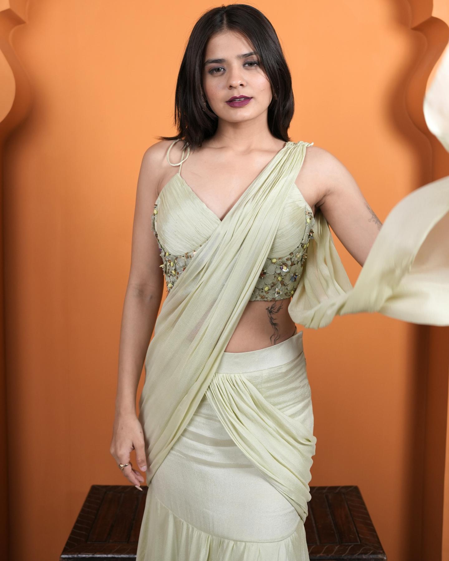Pista Green Hand-Embroidered Ready to wear saree