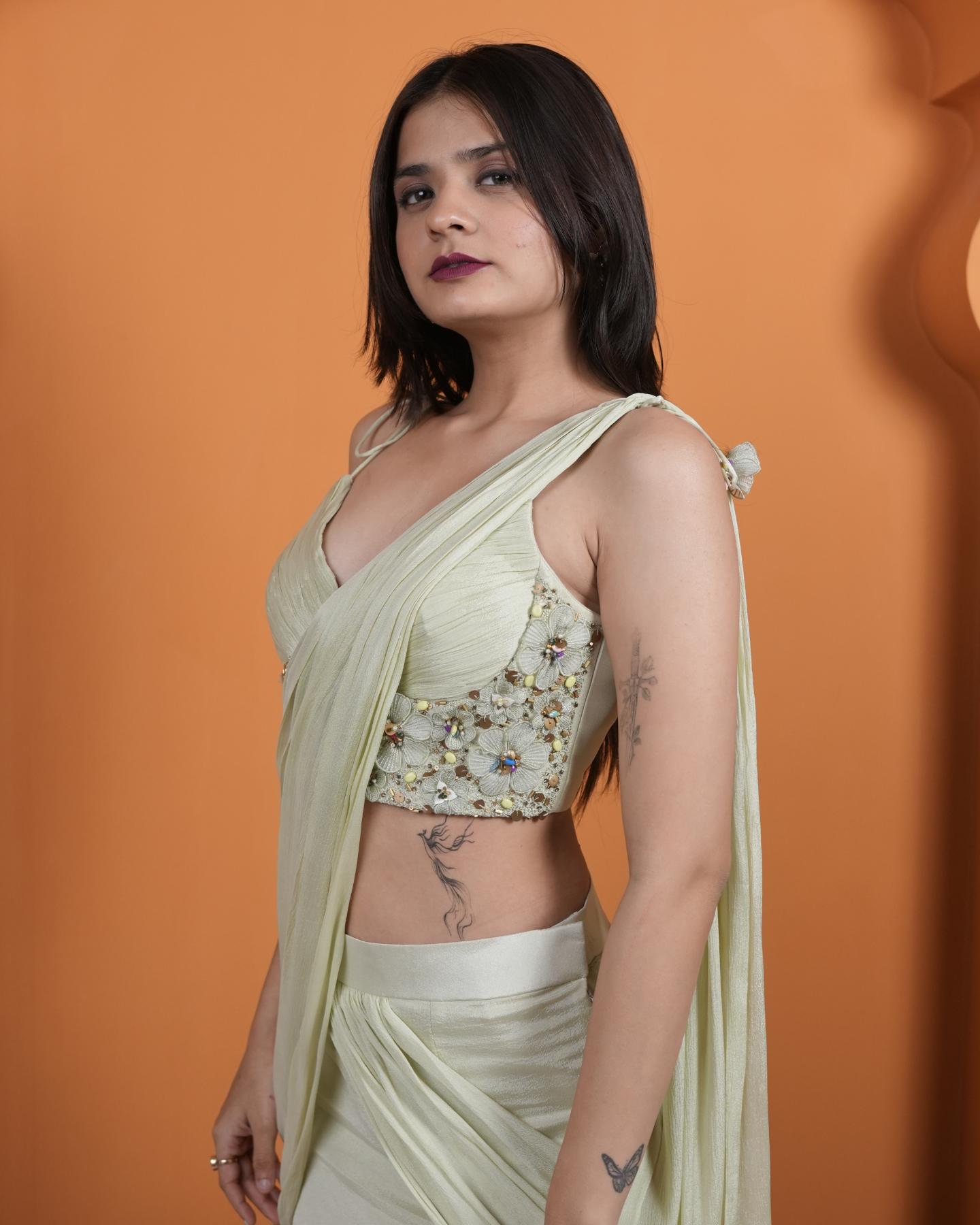 Pista Green Hand-Embroidered Ready to wear saree