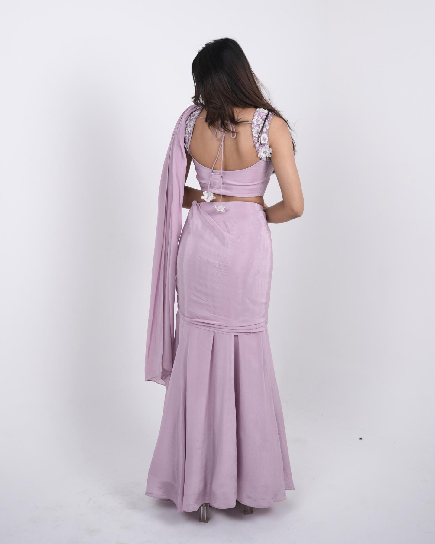 Lavender Petal Hand-embroidered Pre-stitched Saree.