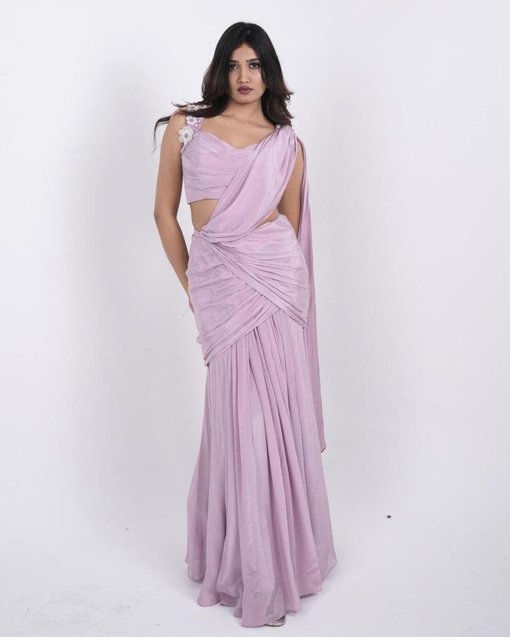 Lavender Petal Hand-embroidered Pre-stitched Saree.