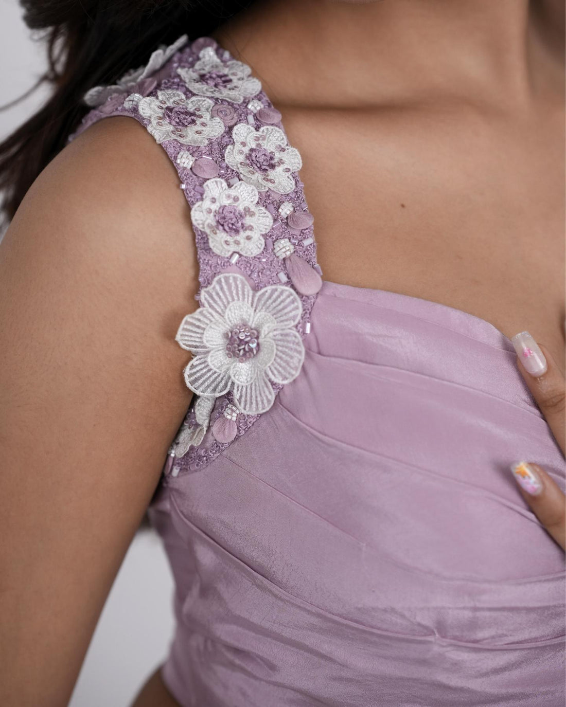 Lavender Petal Hand-embroidered Pre-stitched Saree.