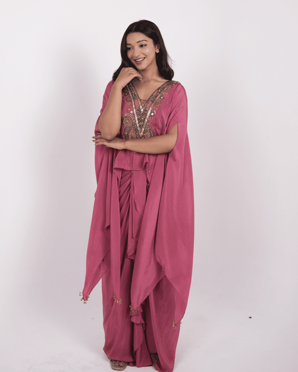 dusty Rose Embroidered kaftan with ruffle Drape skirt