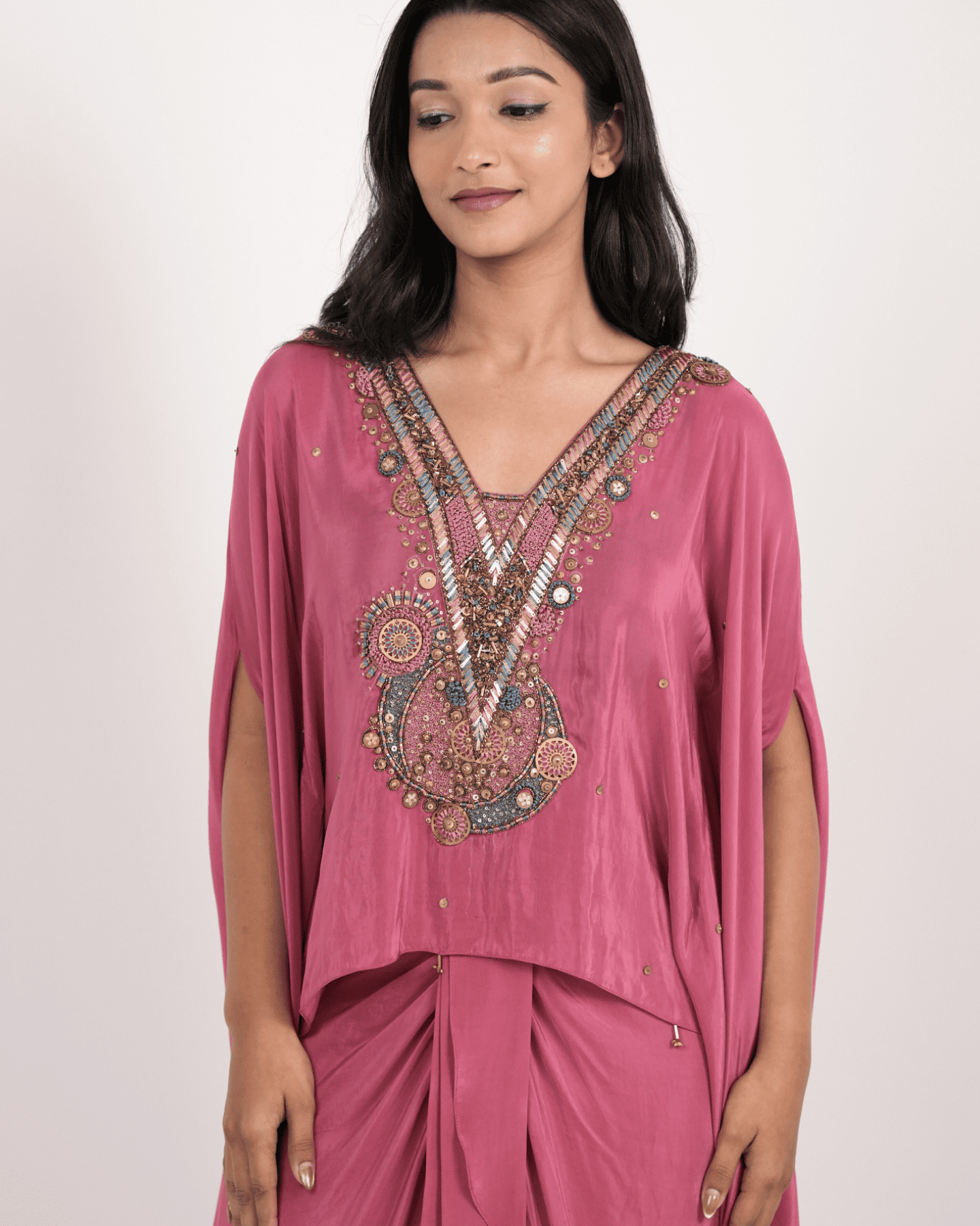 dusty Rose Embroidered kaftan with ruffle Drape skirt