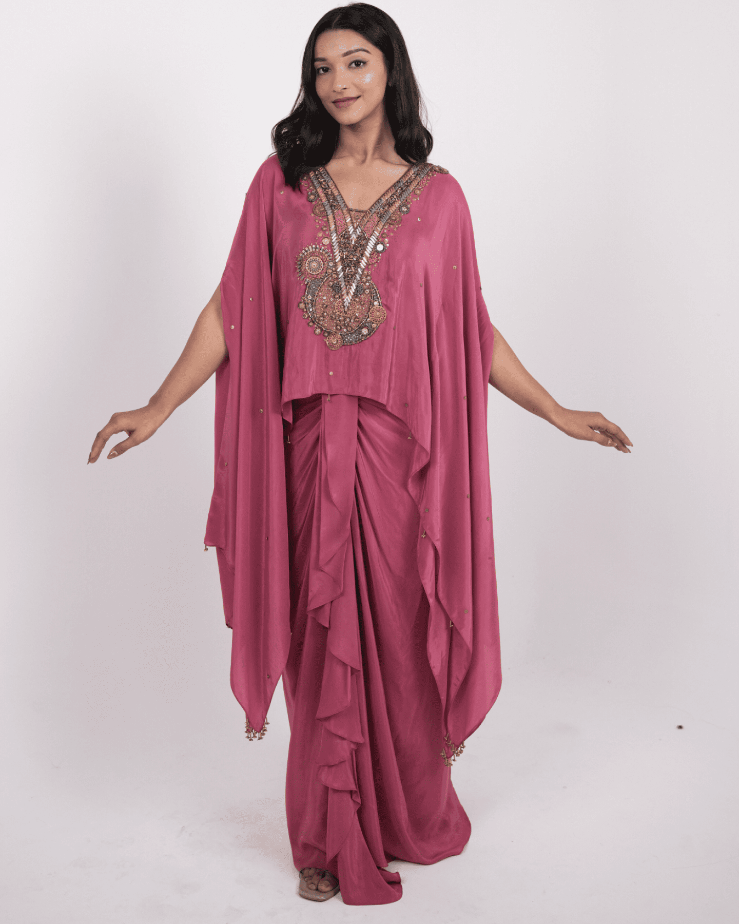 dusty Rose Embroidered kaftan with ruffle Drape skirt