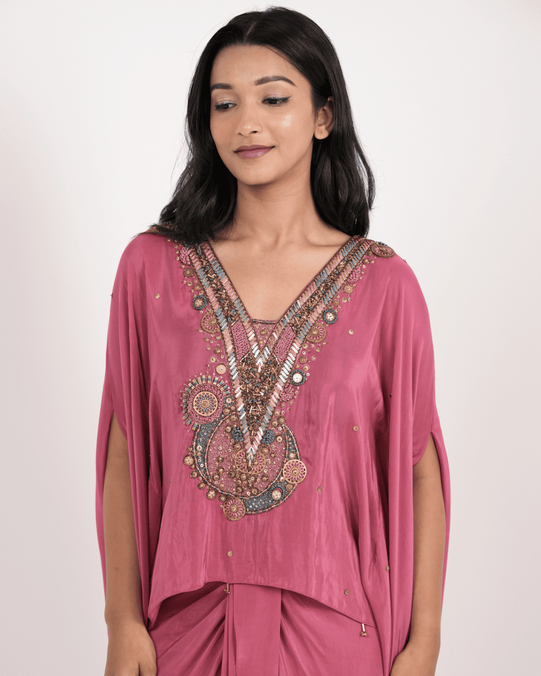 dusty Rose Embroidered kaftan with ruffle Drape skirt