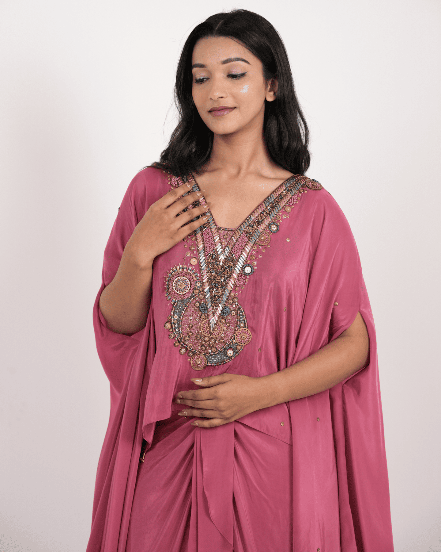 dusty Rose Embroidered kaftan with ruffle Drape skirt