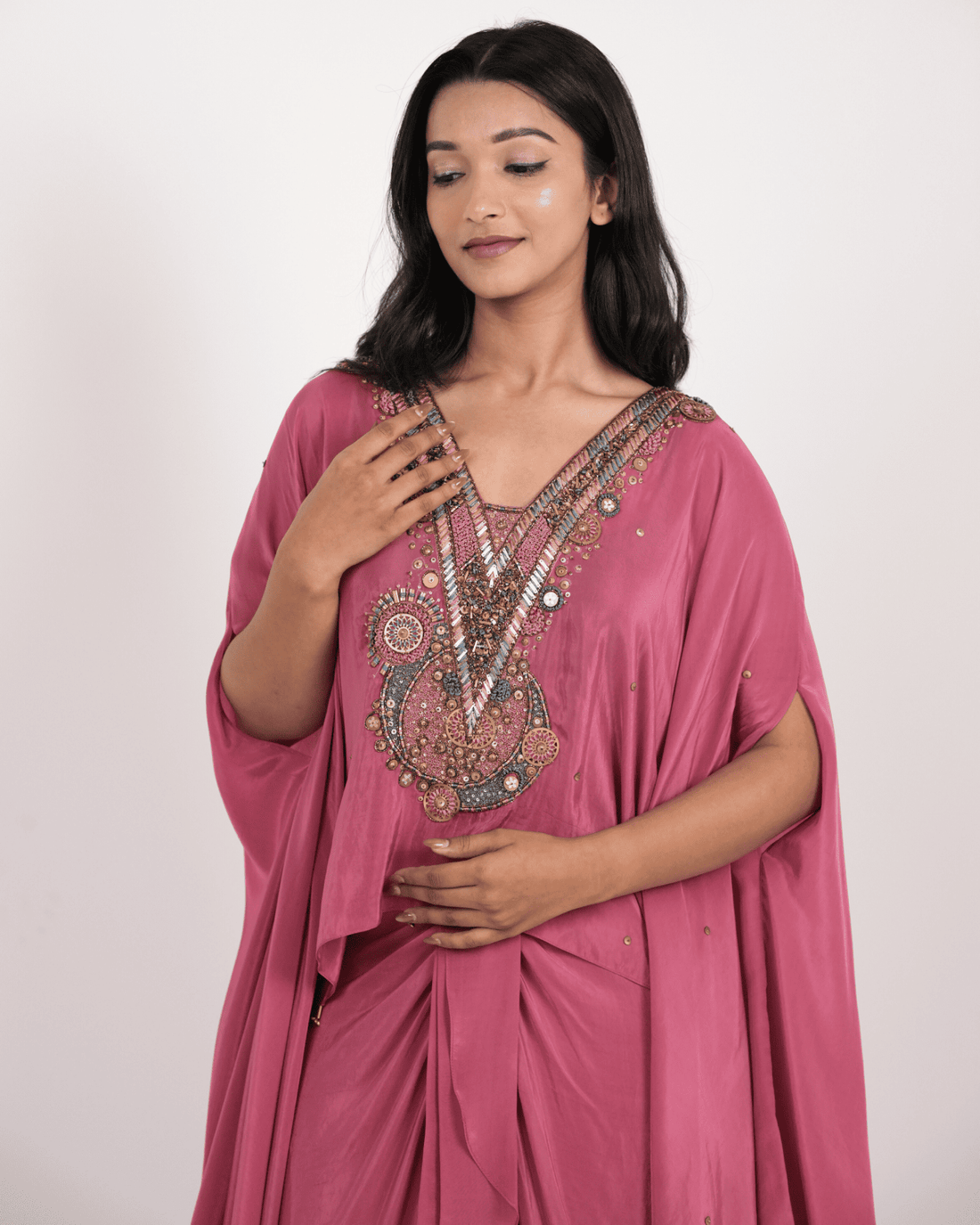 dusty Rose Embroidered kaftan with ruffle Drape skirt
