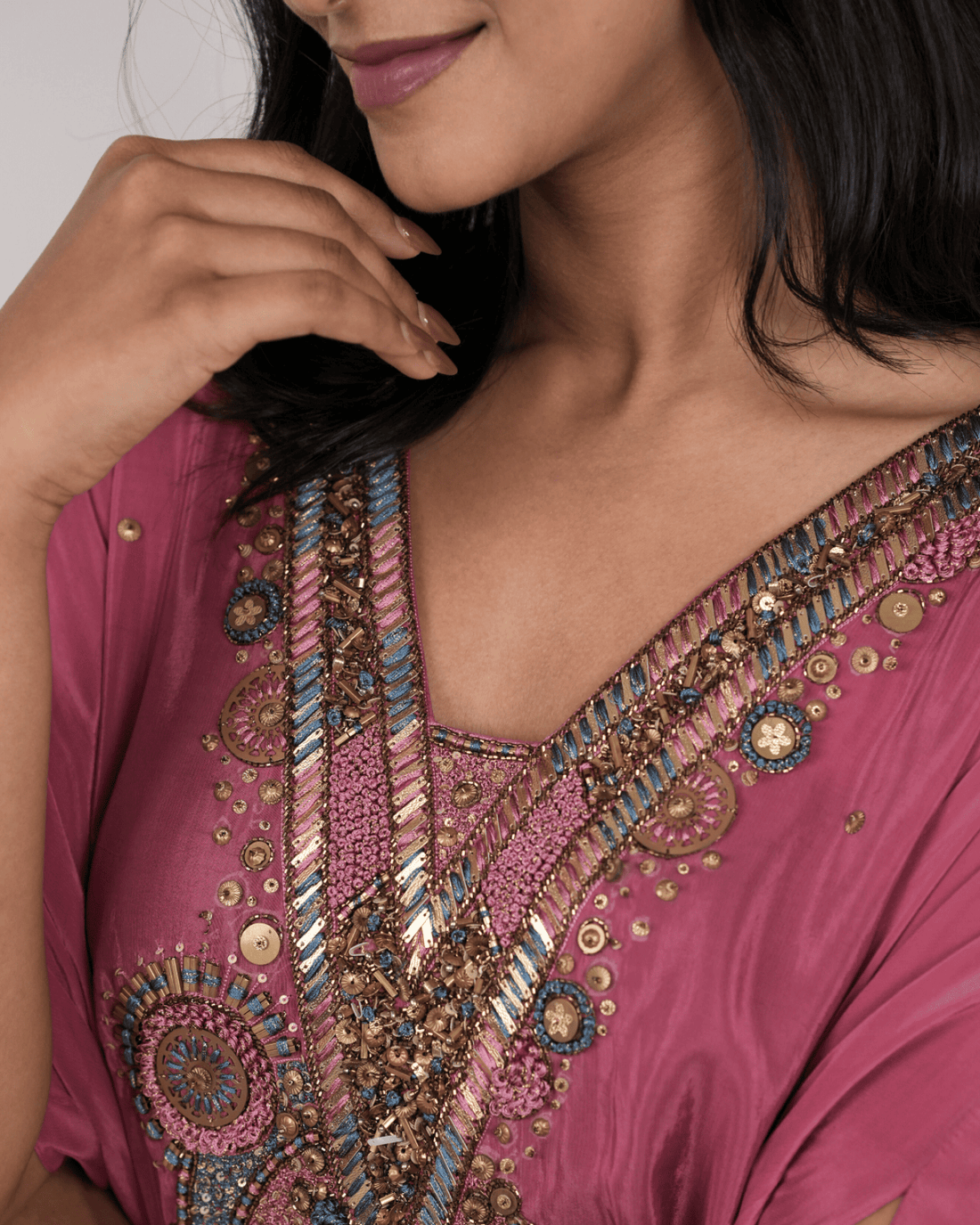 dusty Rose Embroidered kaftan with ruffle Drape skirt