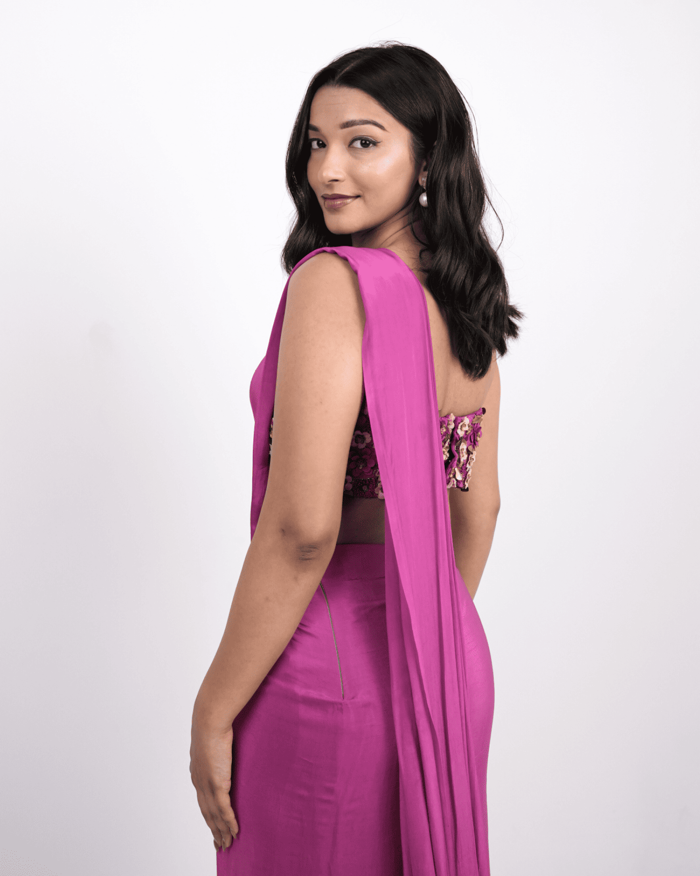 The Fuschia Fusion, Pre-Draped Natural Crepe Saree with Draped Blouse