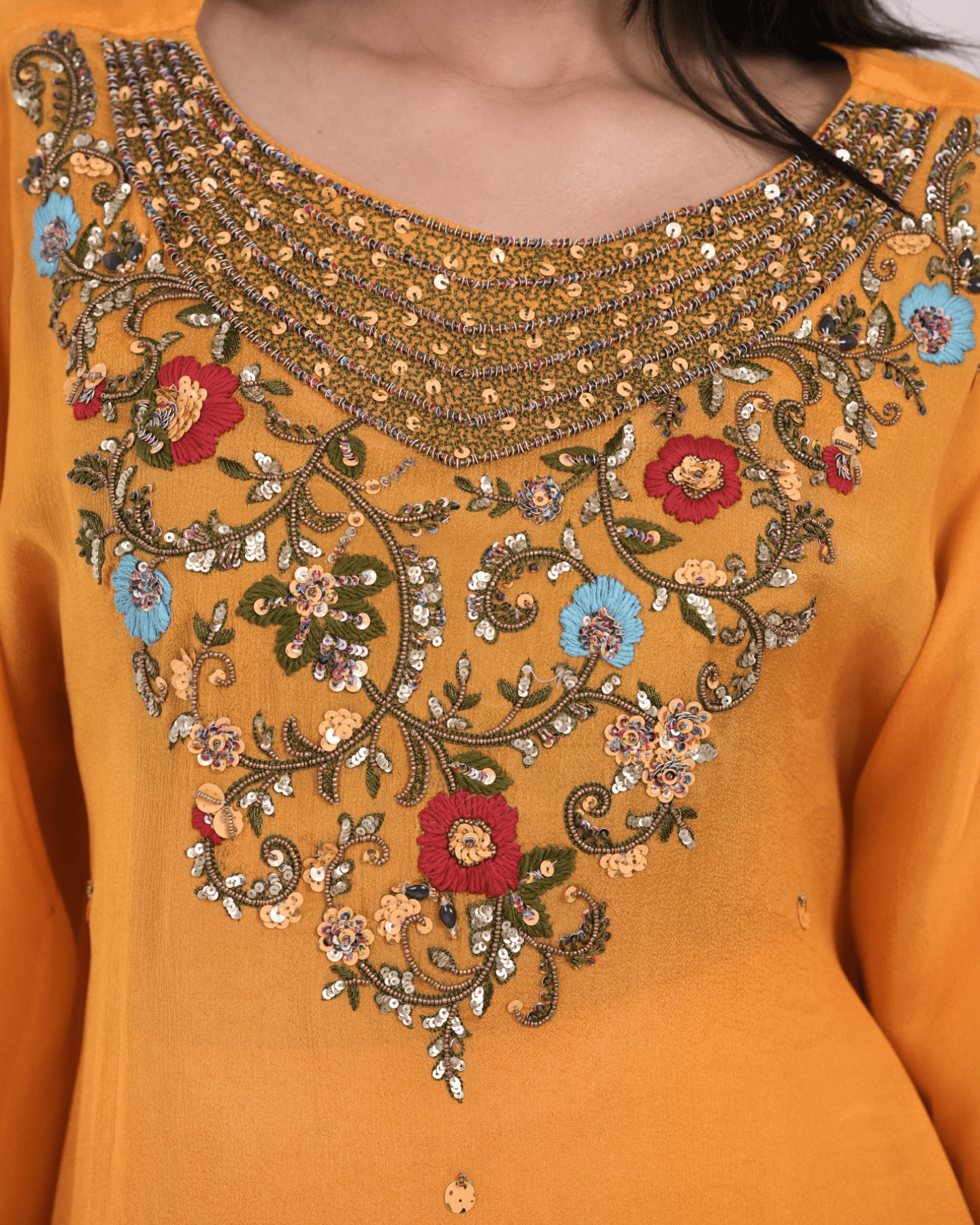 Mustard Yellow Embroidered Kaftan Top with Flared Palazzo set