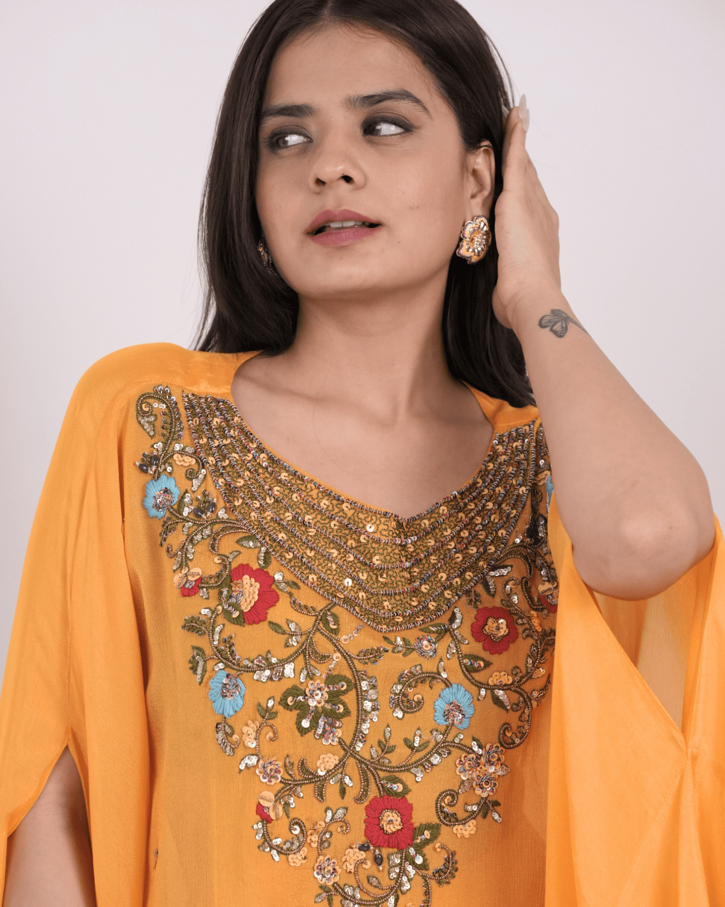 Mustard Yellow Embroidered Kaftan Top with Flared Palazzo set