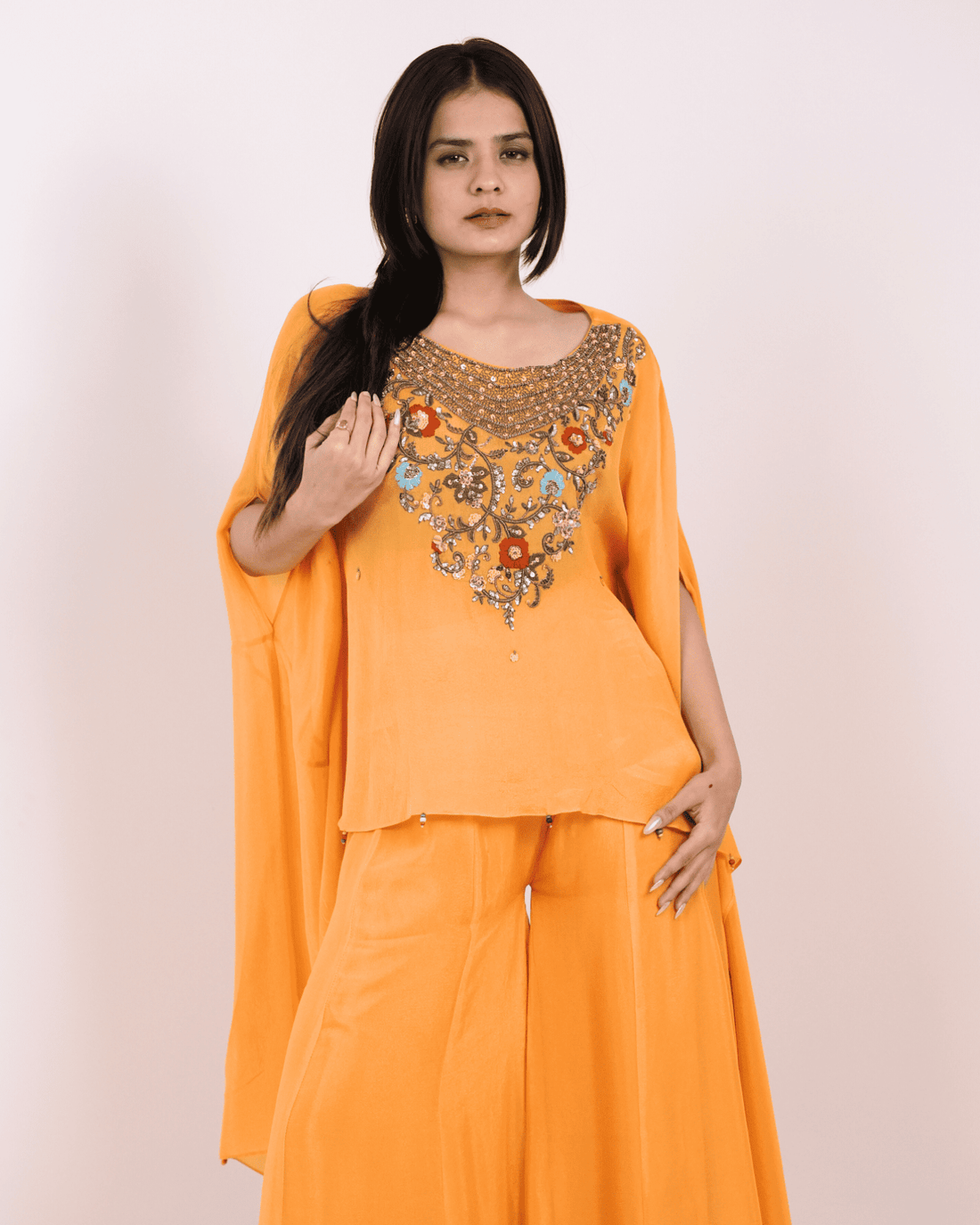 Mustard Yellow Embroidered Kaftan Top with Flared Palazzo set