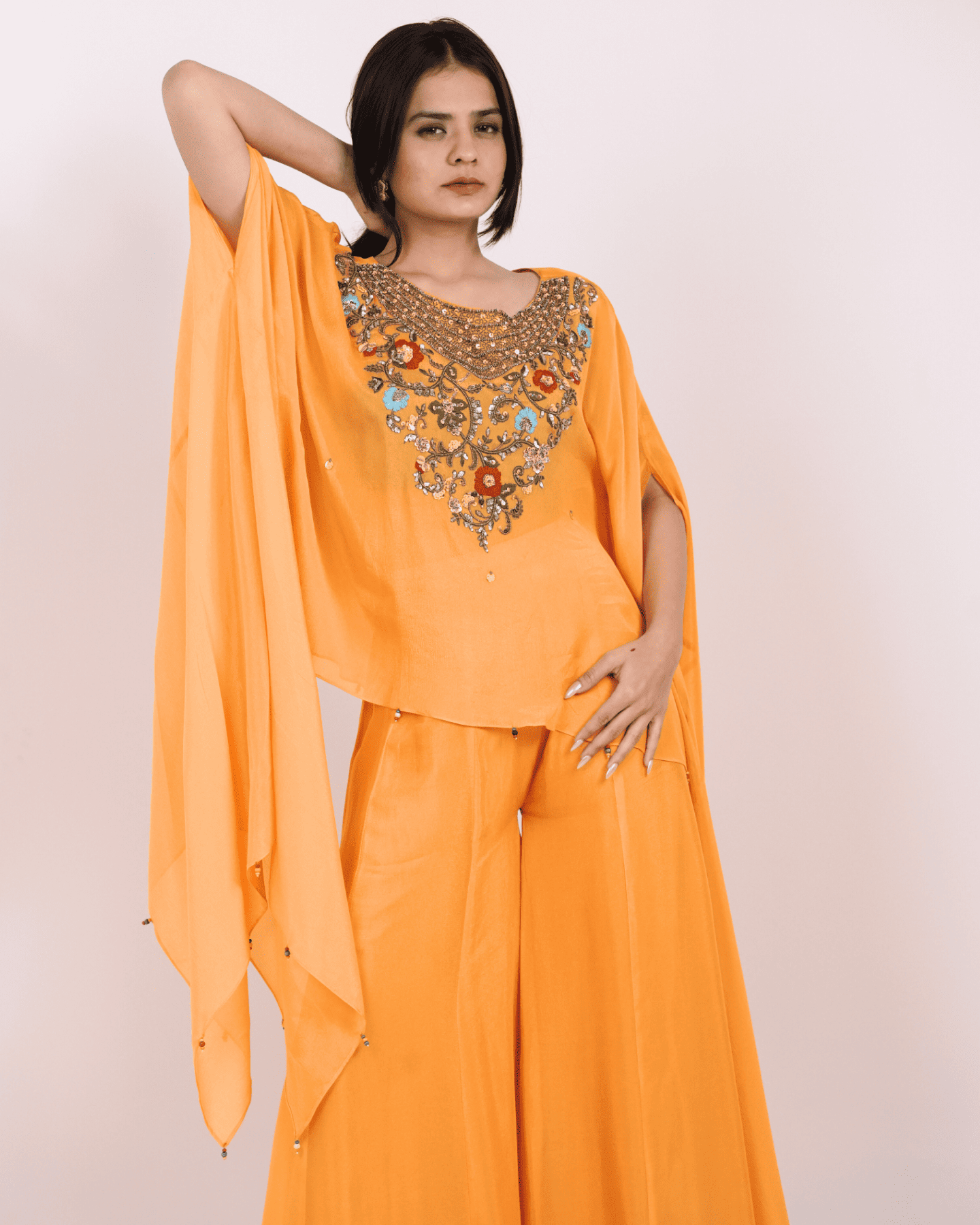 Mustard Yellow Embroidered Kaftan Top with Flared Palazzo set