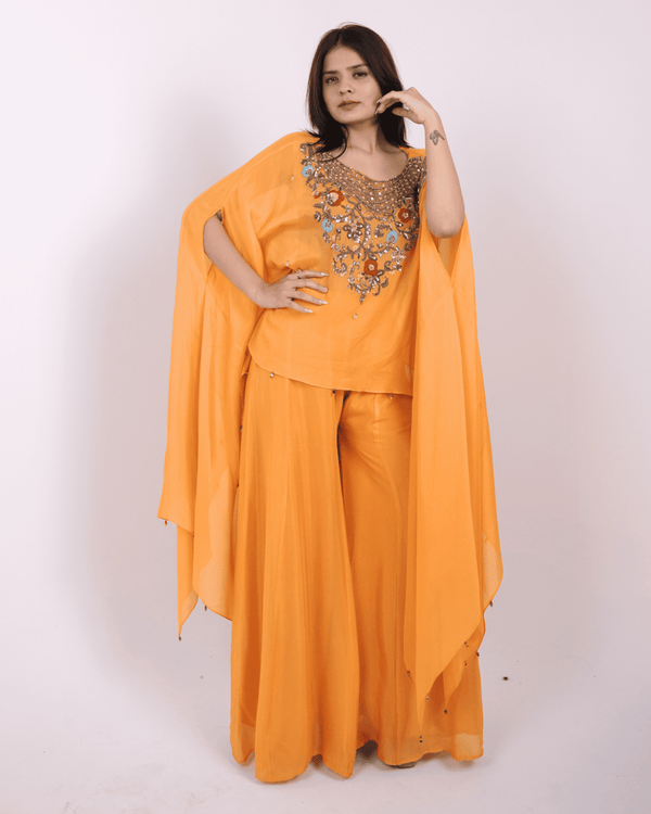 Mustard Yellow Embroidered Kaftan Top with Flared Palazzo set