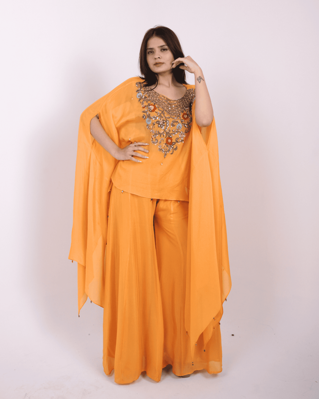 Mustard Yellow Embroidered Kaftan Top with Flared Palazzo set