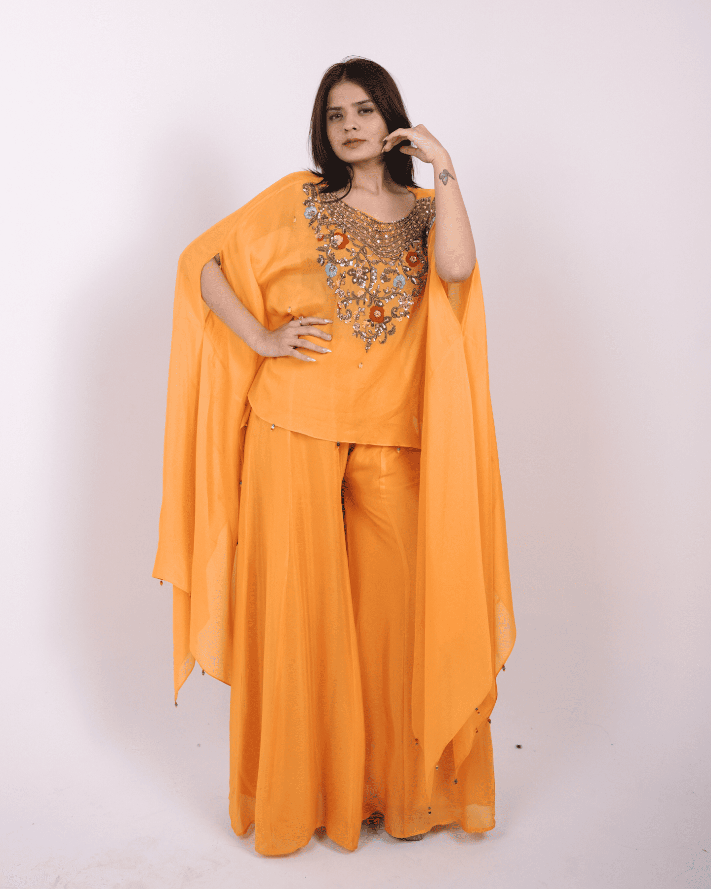Mustard Yellow Embroidered Kaftan Top with Flared Palazzo set