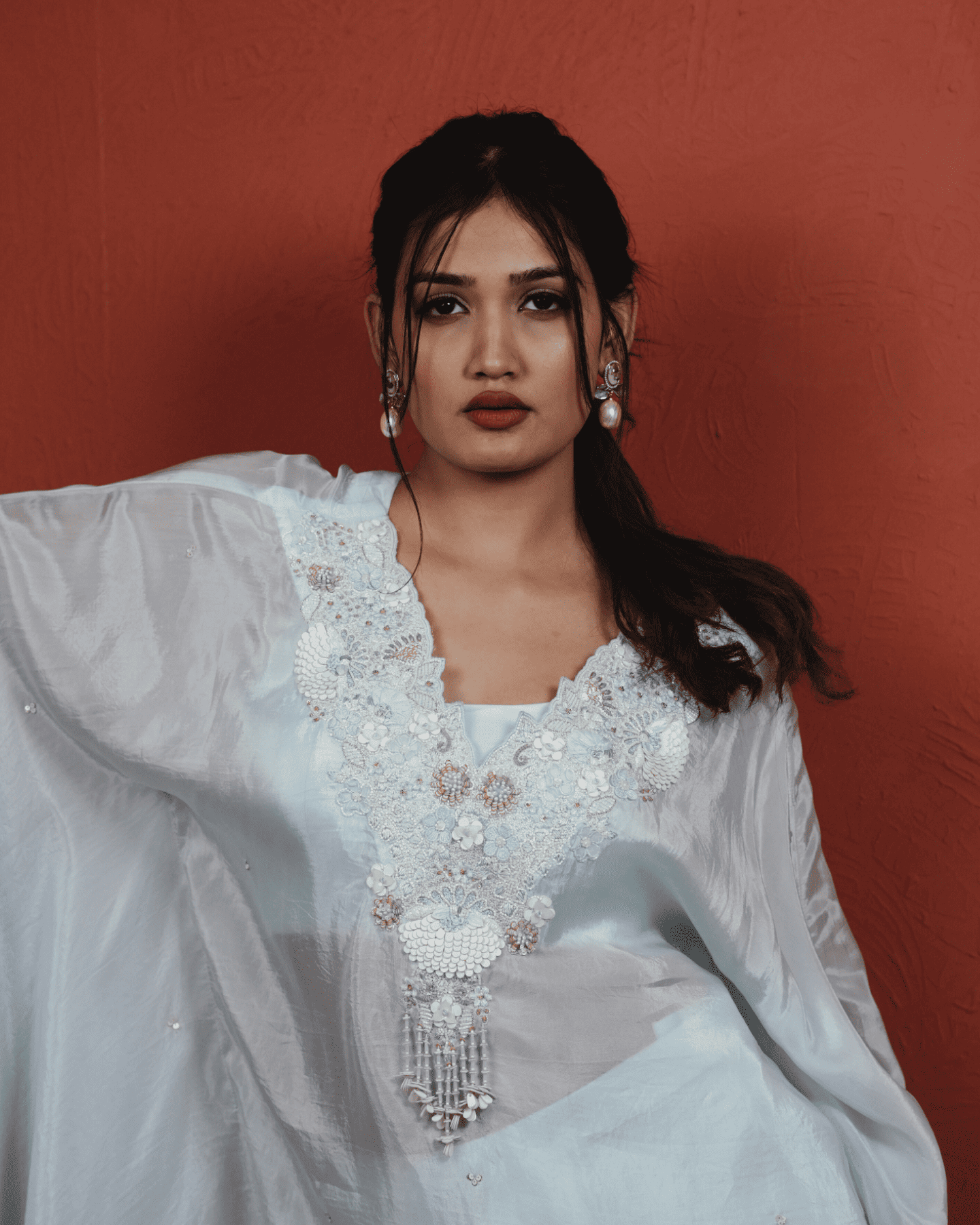 Sky Blue Glass Organza Kaftan Embellished neckline with Blouse and Palazzo set
