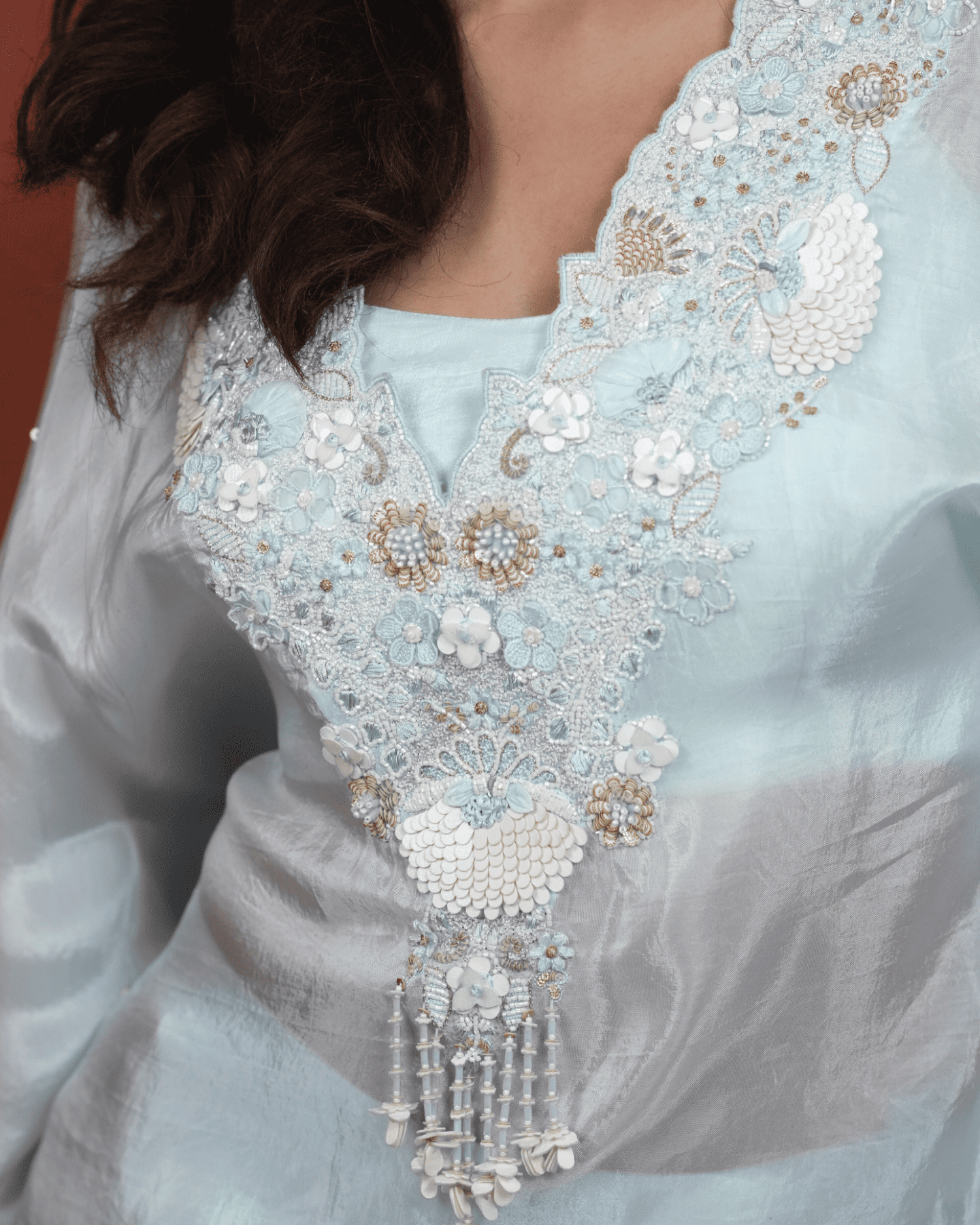 Sky Blue Glass Organza Kaftan Embellished neckline with Blouse and Palazzo set