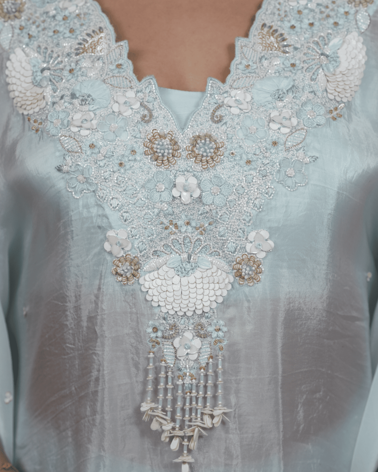 Sky Blue Glass Organza Kaftan Embellished neckline with Blouse and Palazzo set