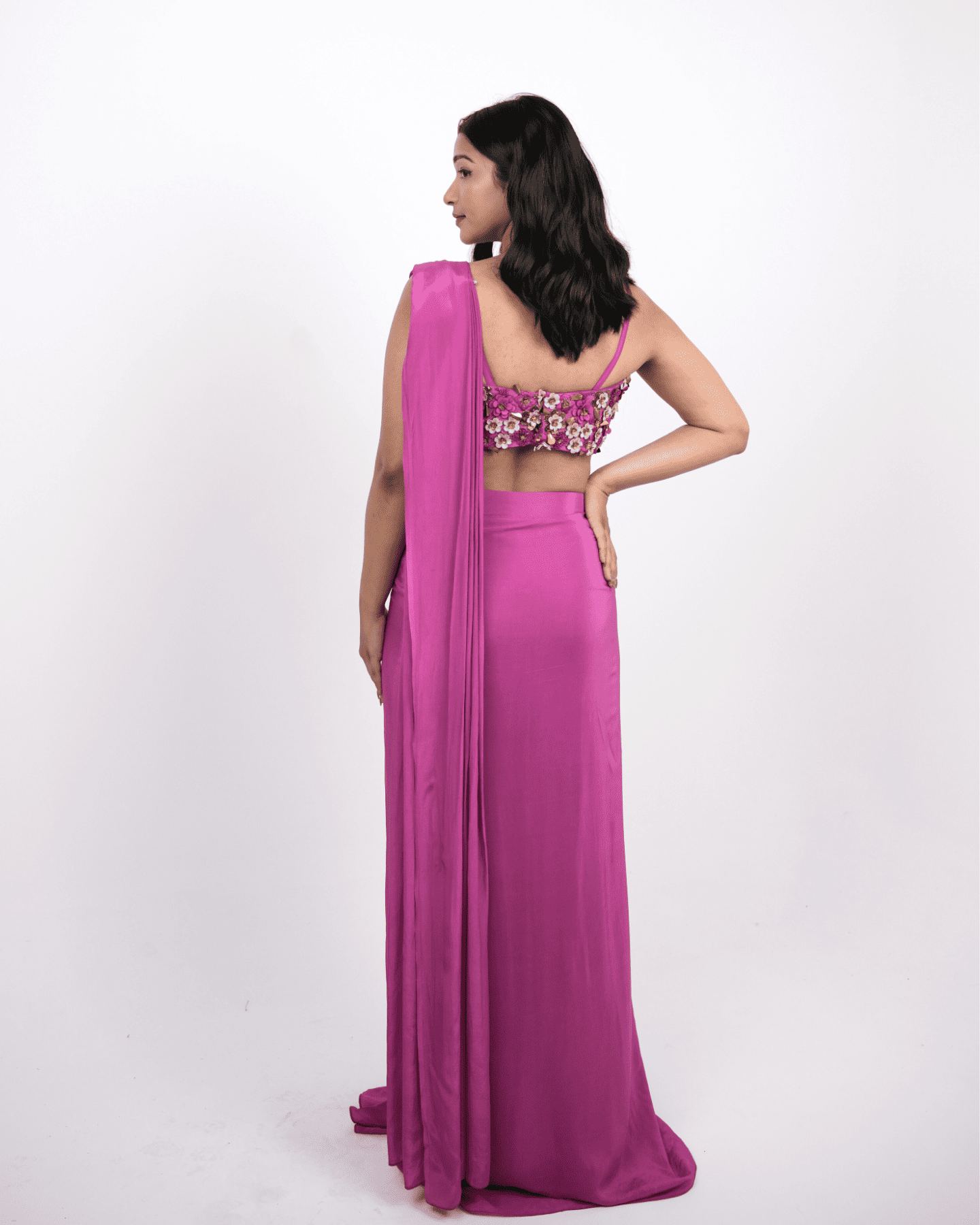 The Fuschia Fusion, Pre-Draped Natural Crepe Saree with Draped Blouse
