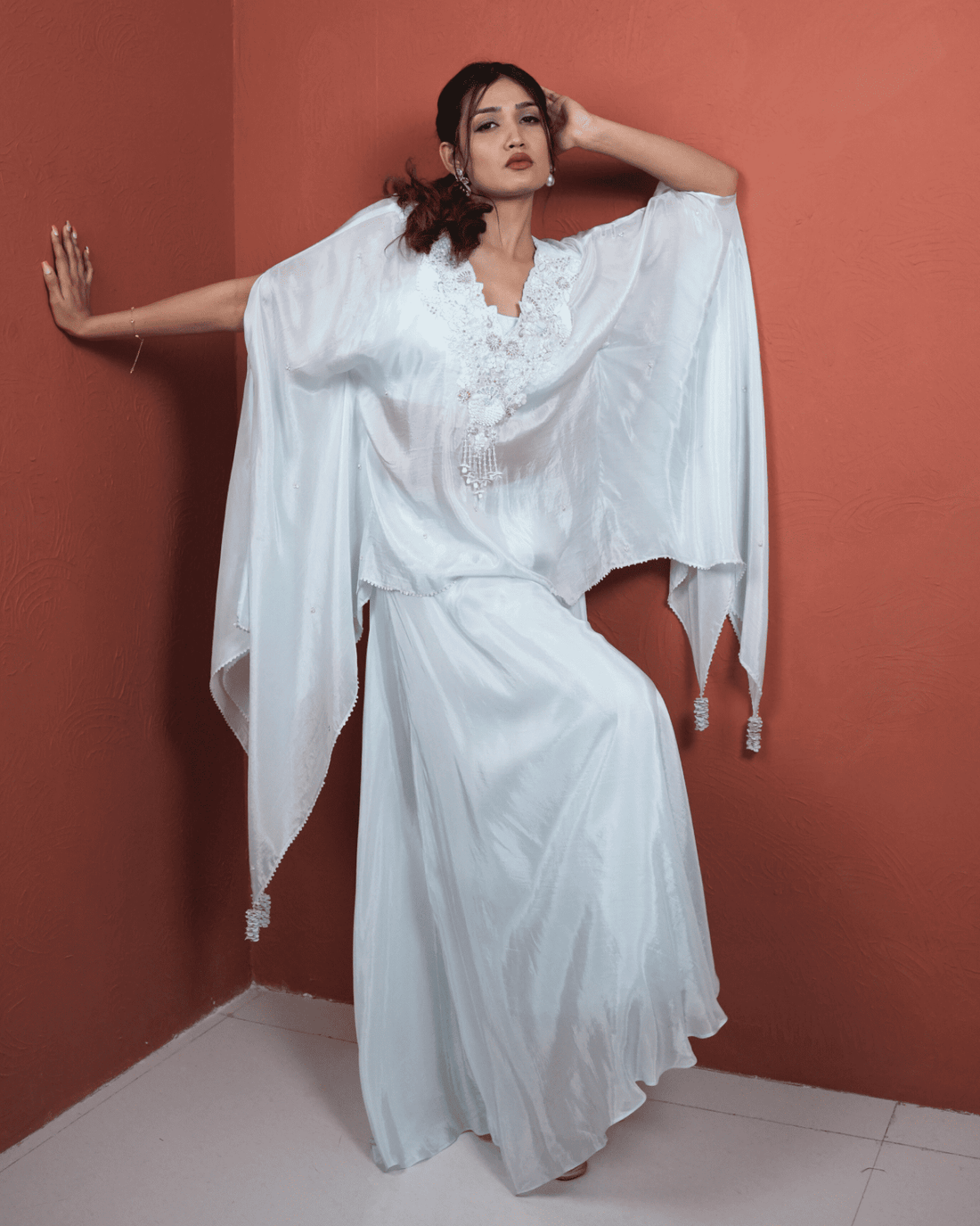 Sky Blue Glass Organza Kaftan Embellished neckline with Blouse and Palazzo set