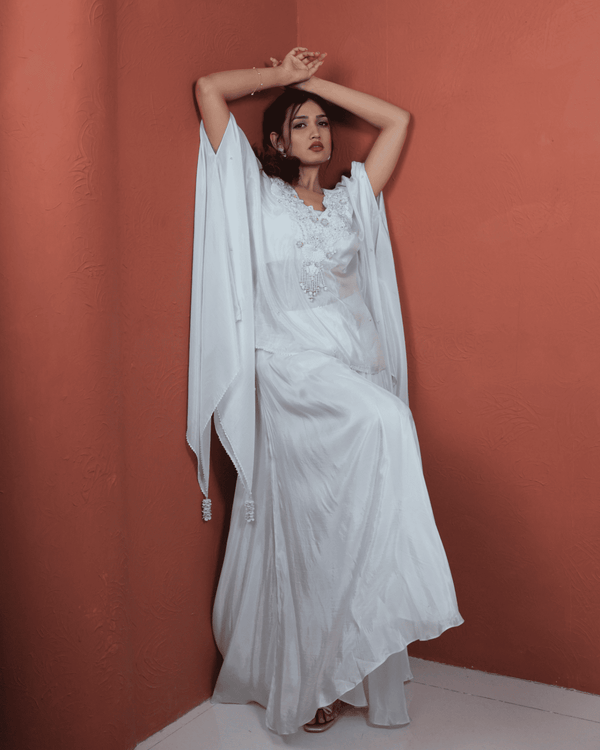 Sky Blue Glass Organza Kaftan Embellished neckline with Blouse and Palazzo set