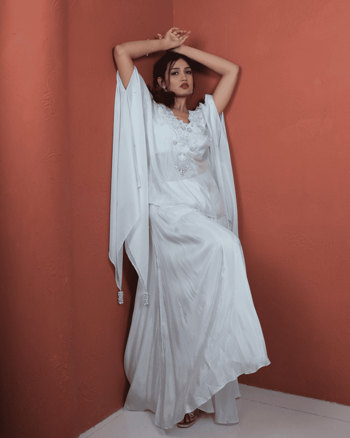 Sky Blue Glass Organza Kaftan Embellished neckline with Blouse and Palazzo set