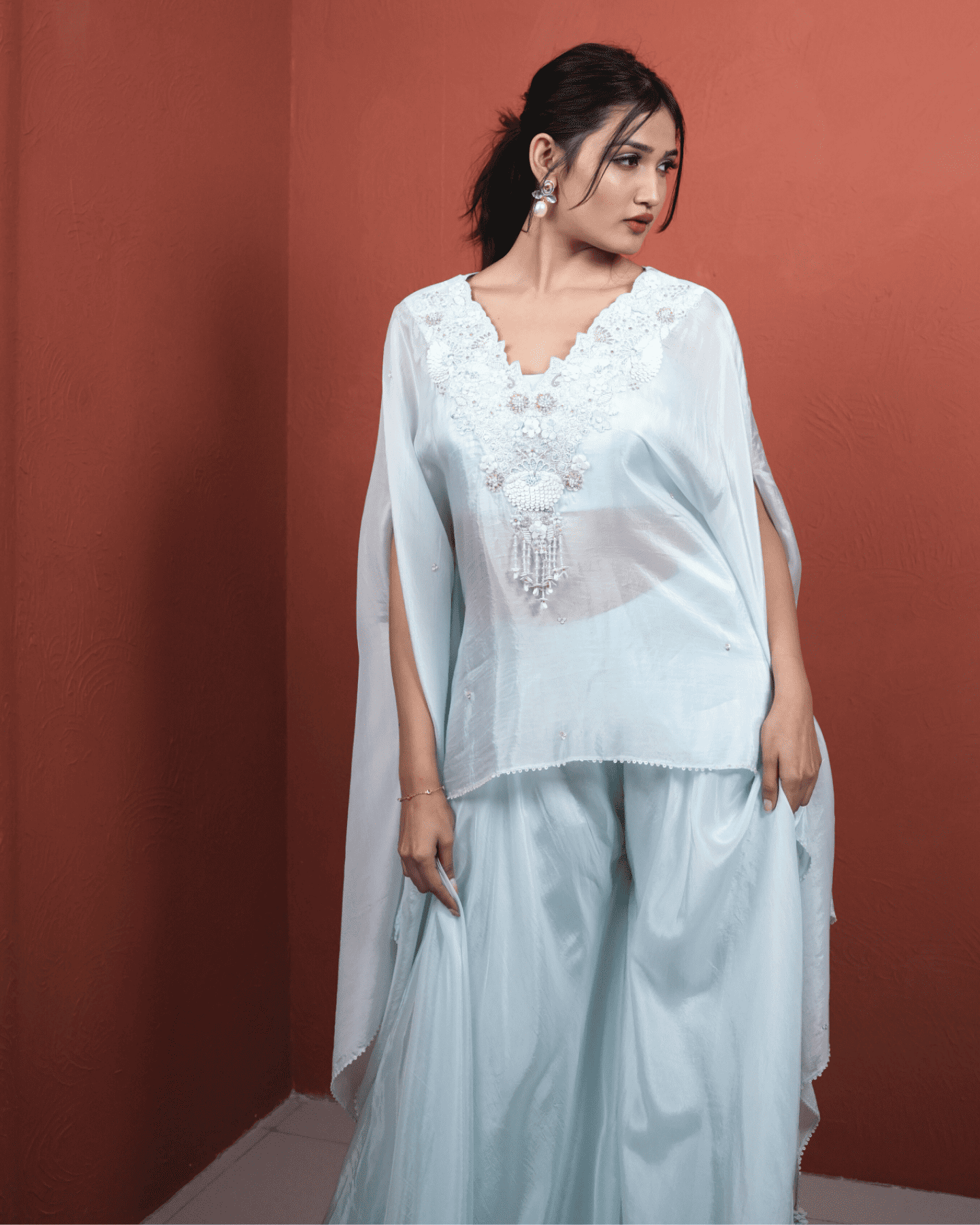 Sky Blue Glass Organza Kaftan Embellished neckline with Blouse and Palazzo set