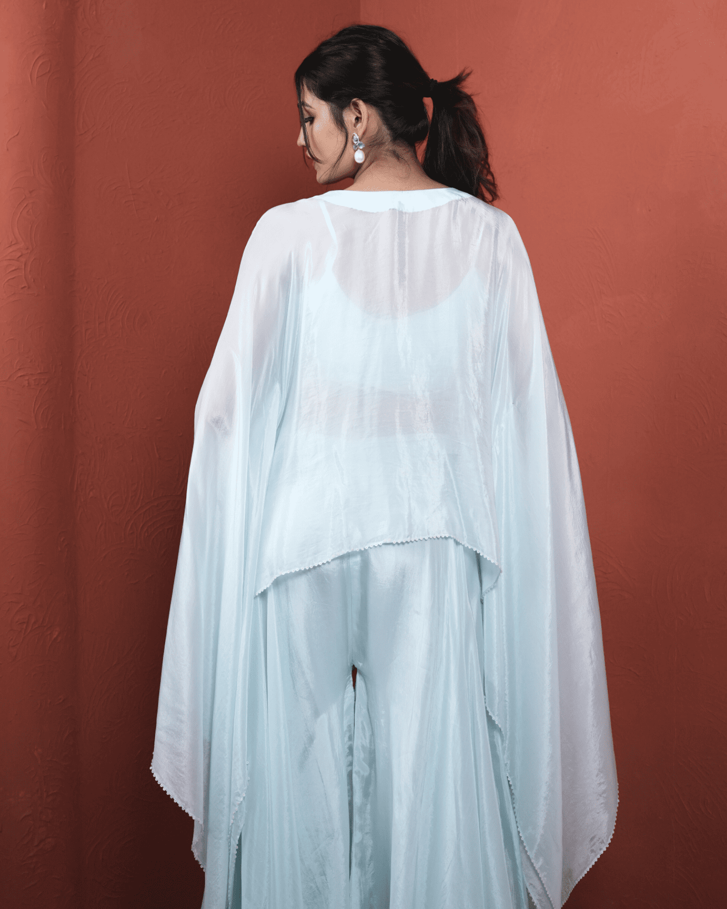 Sky Blue Glass Organza Kaftan Embellished neckline with Blouse and Palazzo set