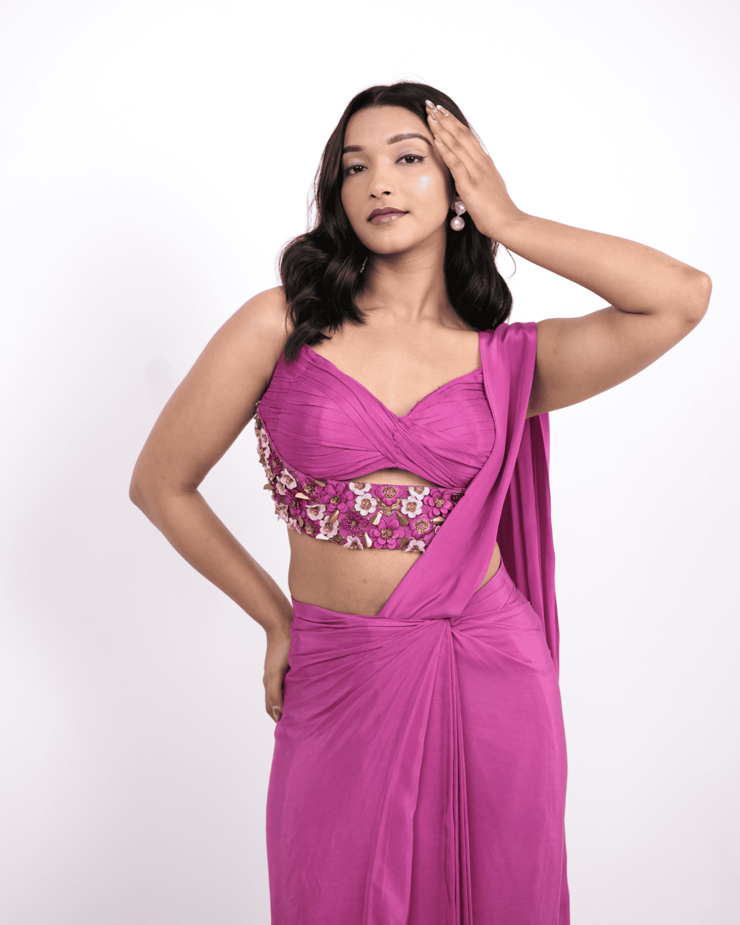 The Fuschia Fusion, Pre-Draped Natural Crepe Saree with Draped Blouse