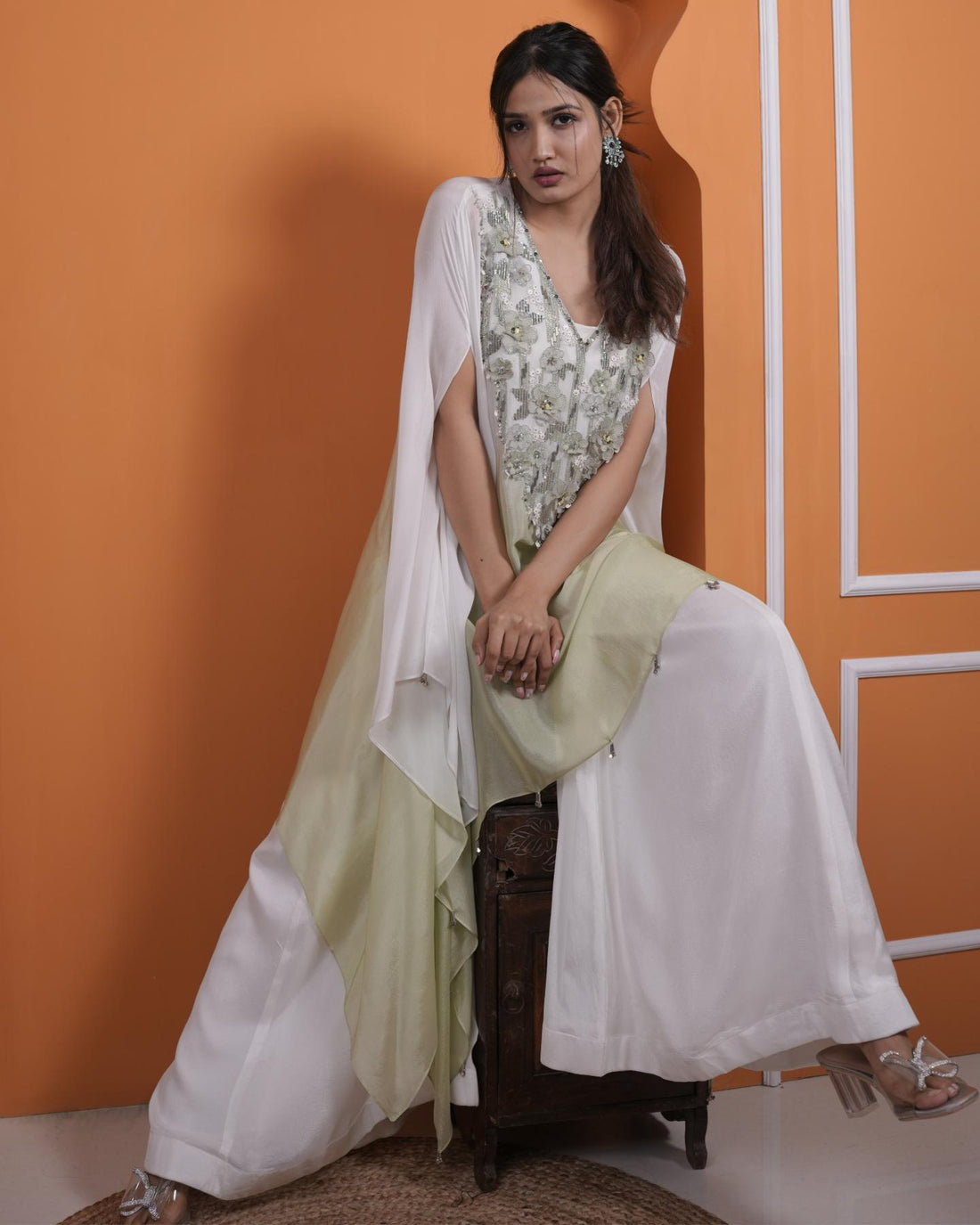 pistachio & white ombre hand-embroidered kaftan with wide-leg flared palazzo set