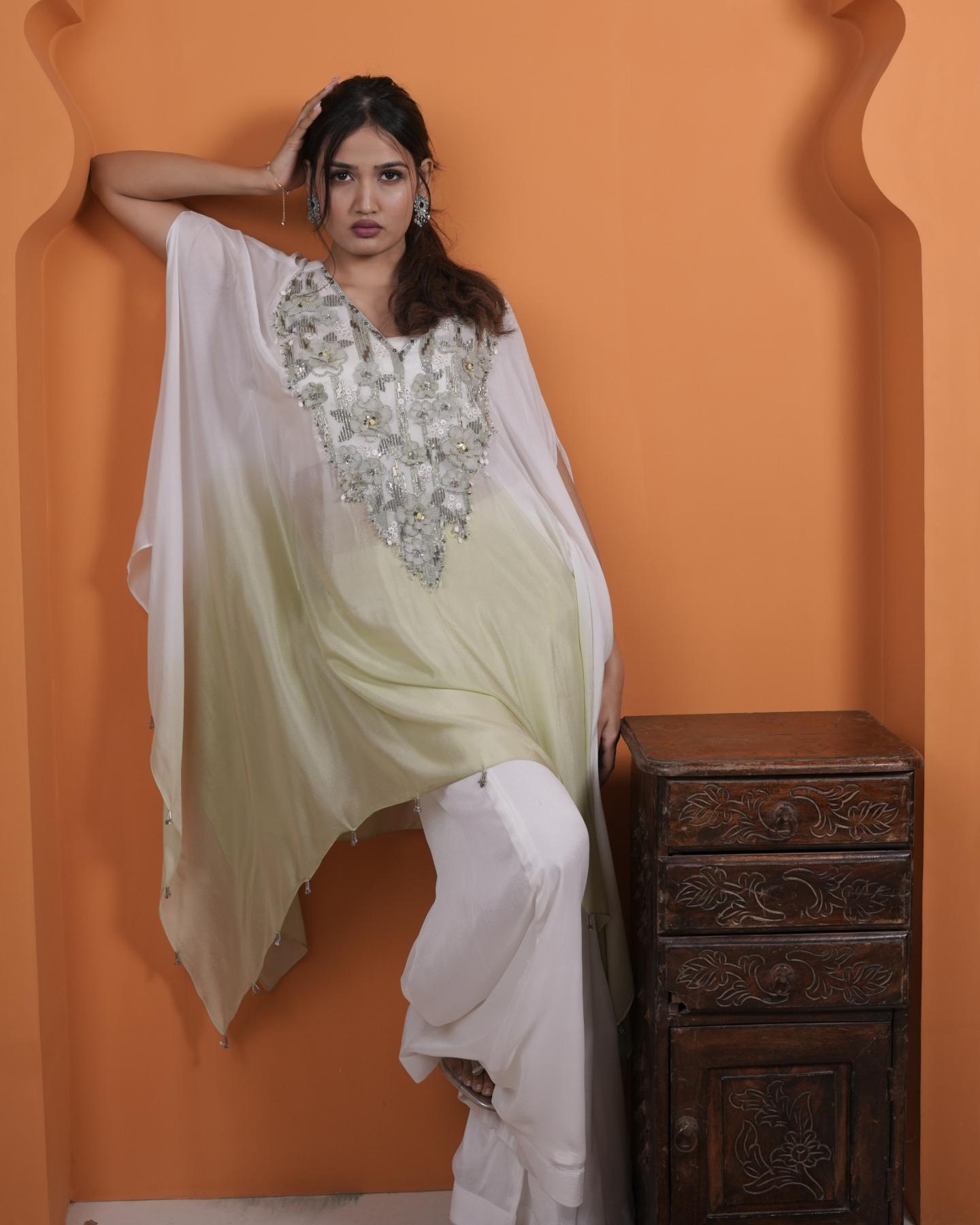 pistachio & white ombre hand-embroidered kaftan with wide-leg flared palazzo set