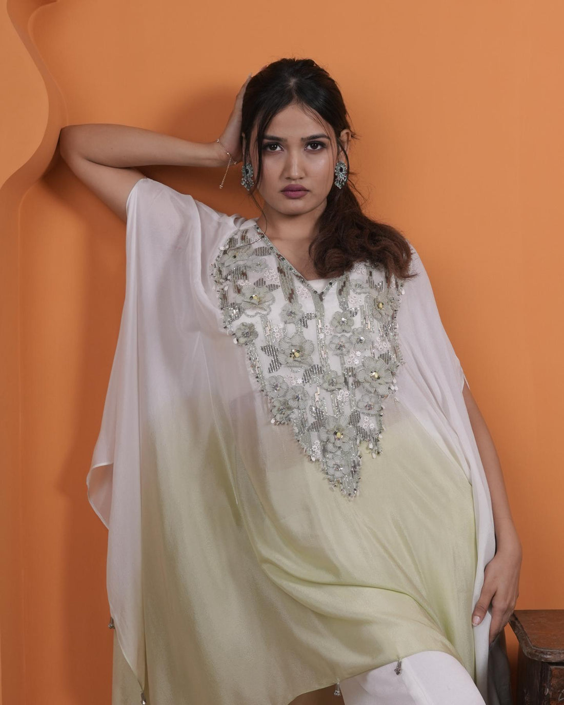 pistachio & white ombre hand-embroidered kaftan with wide-leg flared palazzo set