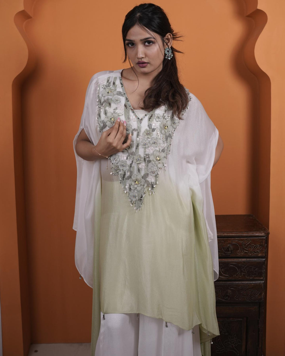 pistachio & white ombre hand-embroidered kaftan with wide-leg flared palazzo set