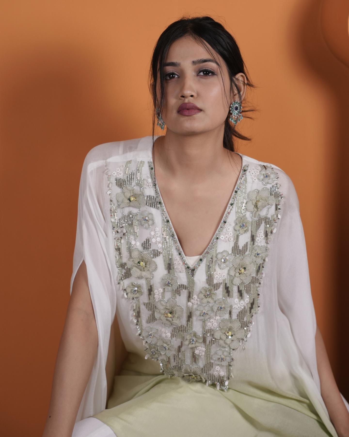 pistachio & white ombre hand-embroidered kaftan with wide-leg flared palazzo set