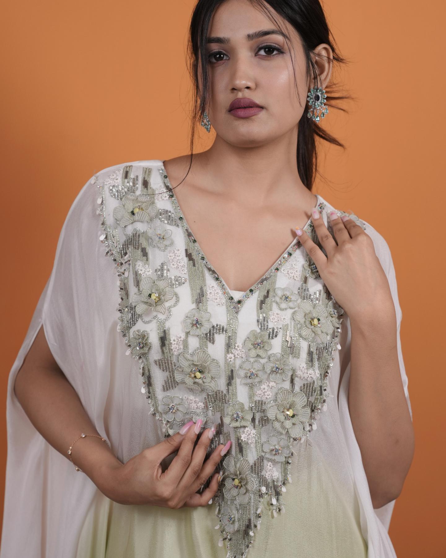 pistachio & white ombre hand-embroidered kaftan with wide-leg flared palazzo set
