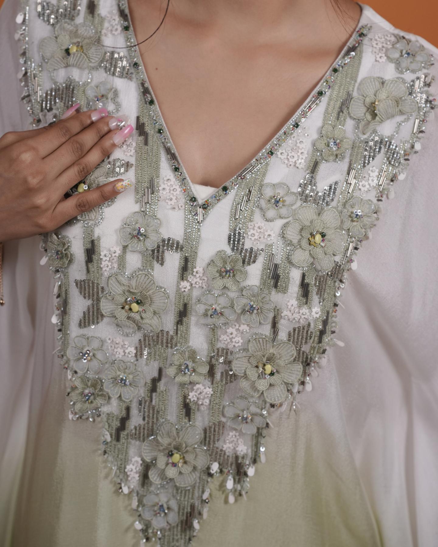 pistachio & white ombre hand-embroidered kaftan with wide-leg flared palazzo set
