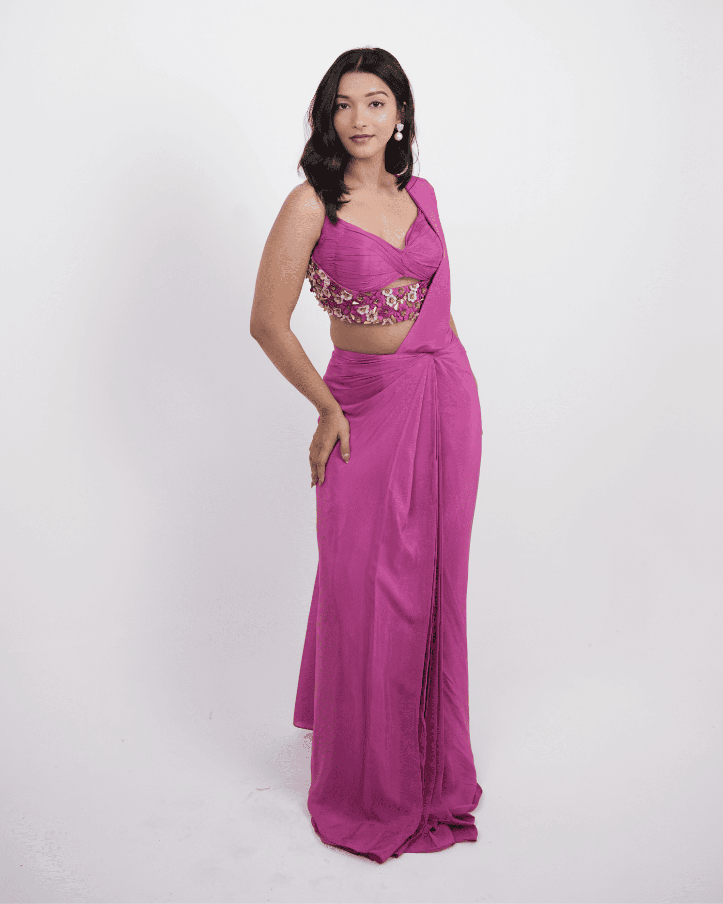 The Fuschia Fusion, Pre-Draped Natural Crepe Saree with Draped Blouse