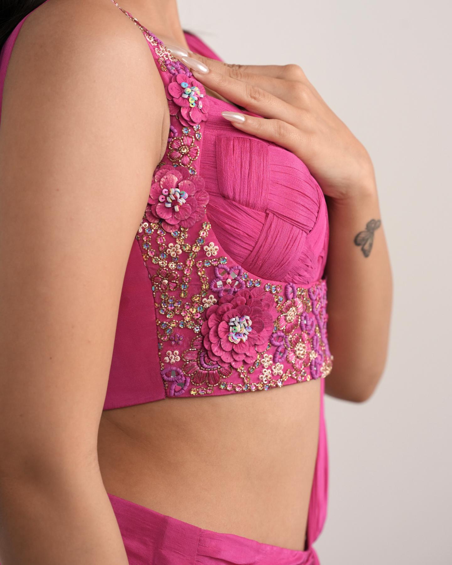 The Electric Rose, Pre-Draped Natural Crepe Saree in Hot Pink