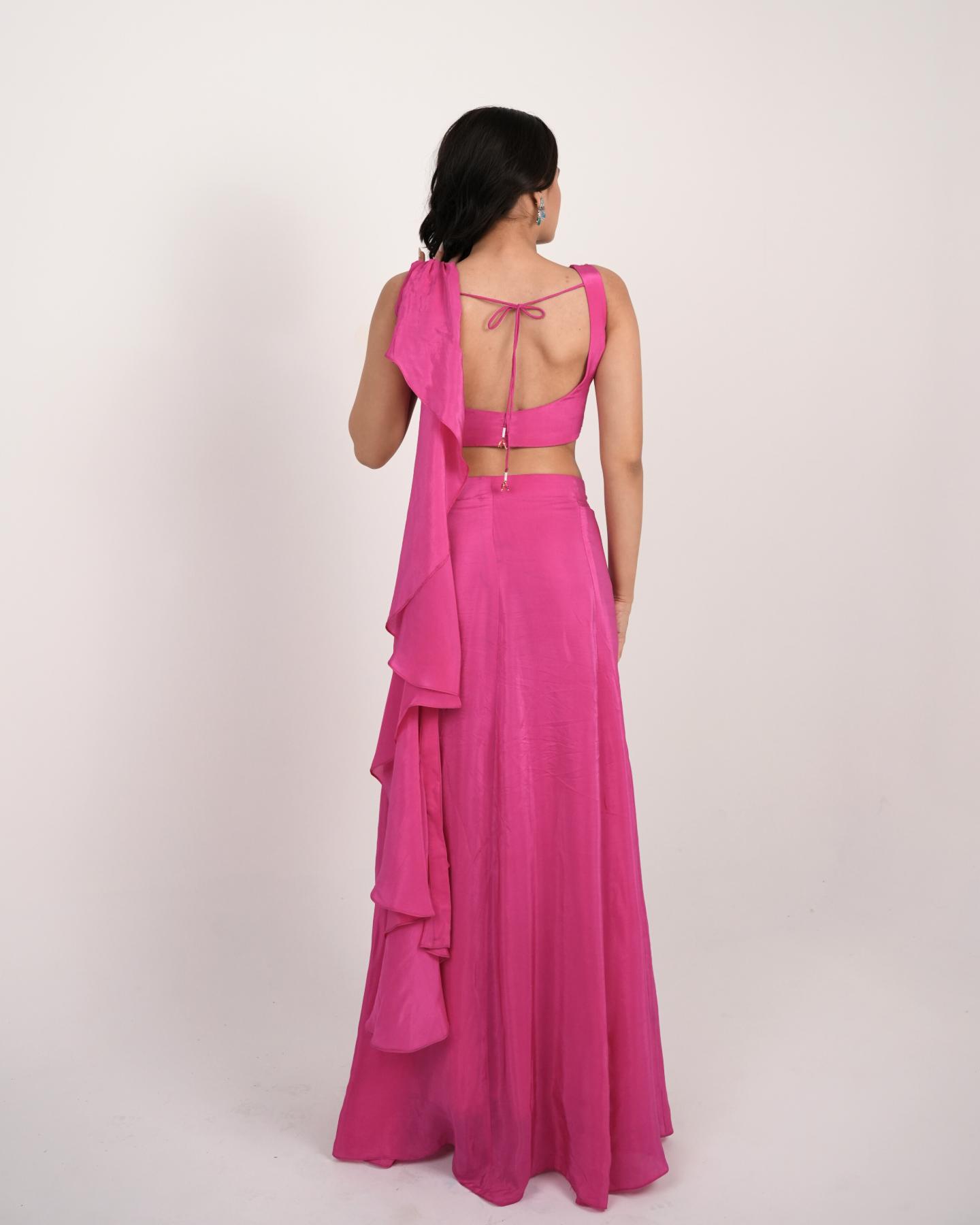 The Electric Rose, Pre-Draped Natural Crepe Saree in Hot Pink