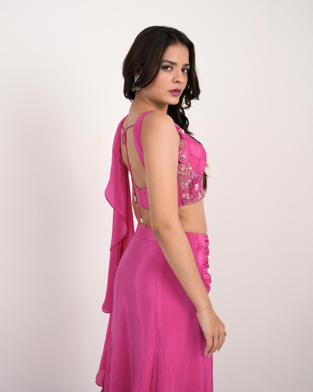 The Electric Rose, Pre-Draped Natural Crepe Saree in Hot Pink
