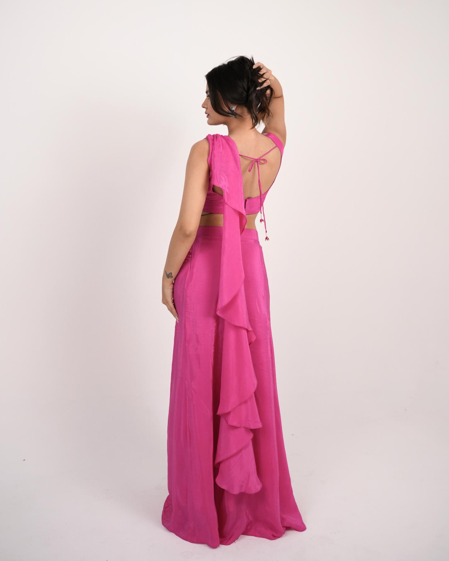 The Electric Rose, Pre-Draped Natural Crepe Saree in Hot Pink