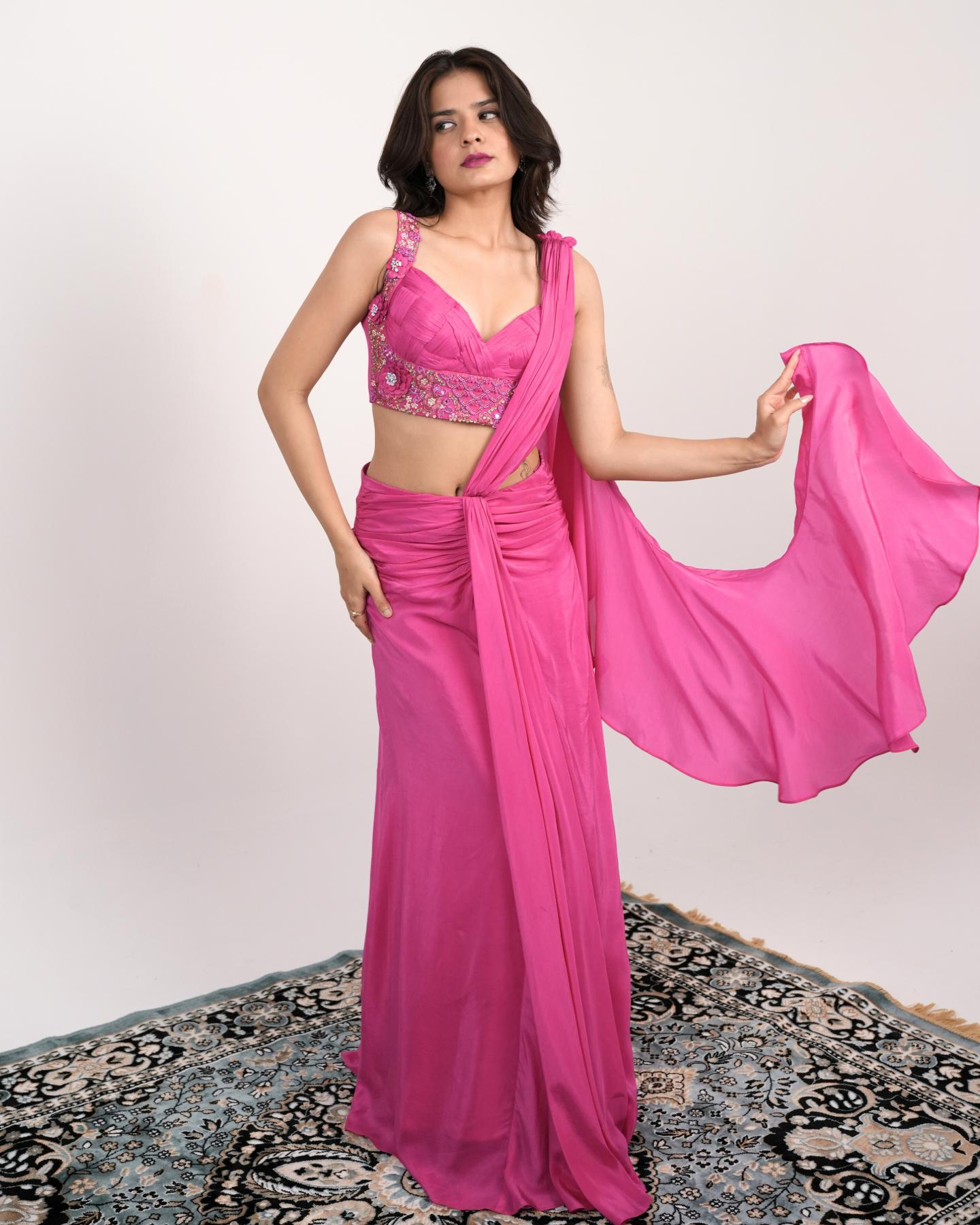The Electric Rose, Pre-Draped Natural Crepe Saree in Hot Pink