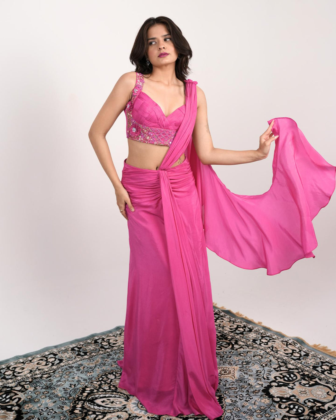 The Electric Rose, Pre-Draped Natural Crepe Saree in Hot Pink