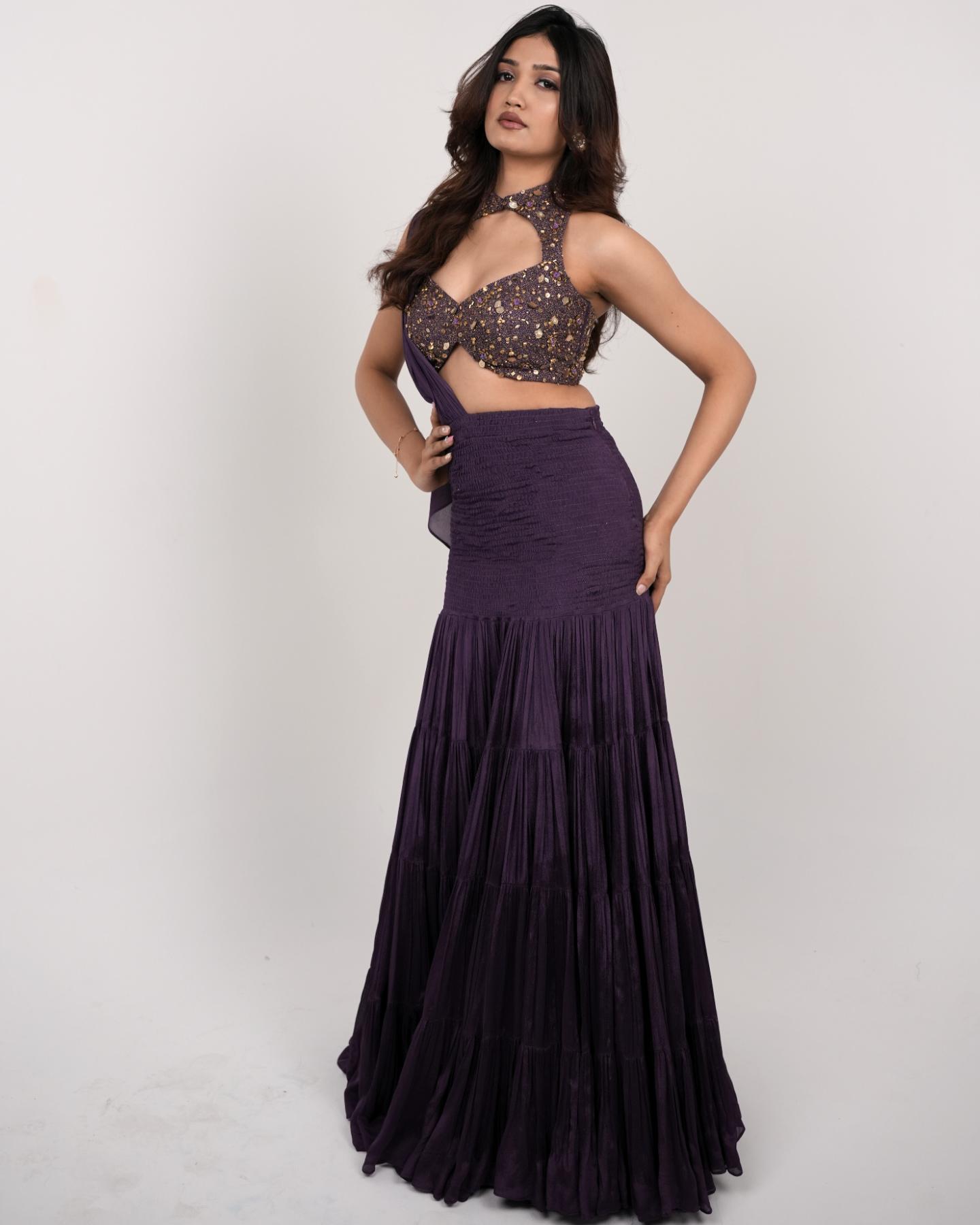 Grape wine pre-Draped Lehenga saree with Halter neck Blouse