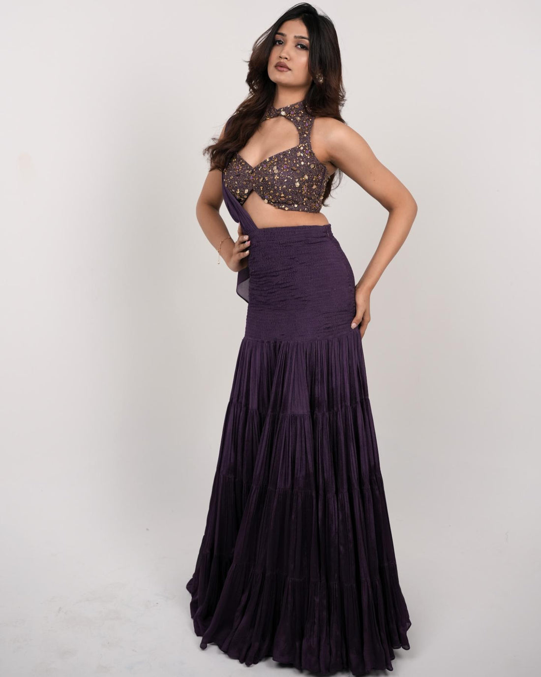 Grape wine pre-Draped Lehenga saree with Halter neck Blouse
