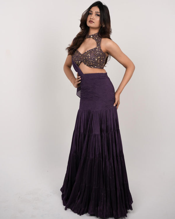 Grape wine pre-Draped Lehenga saree with Halter neck Blouse