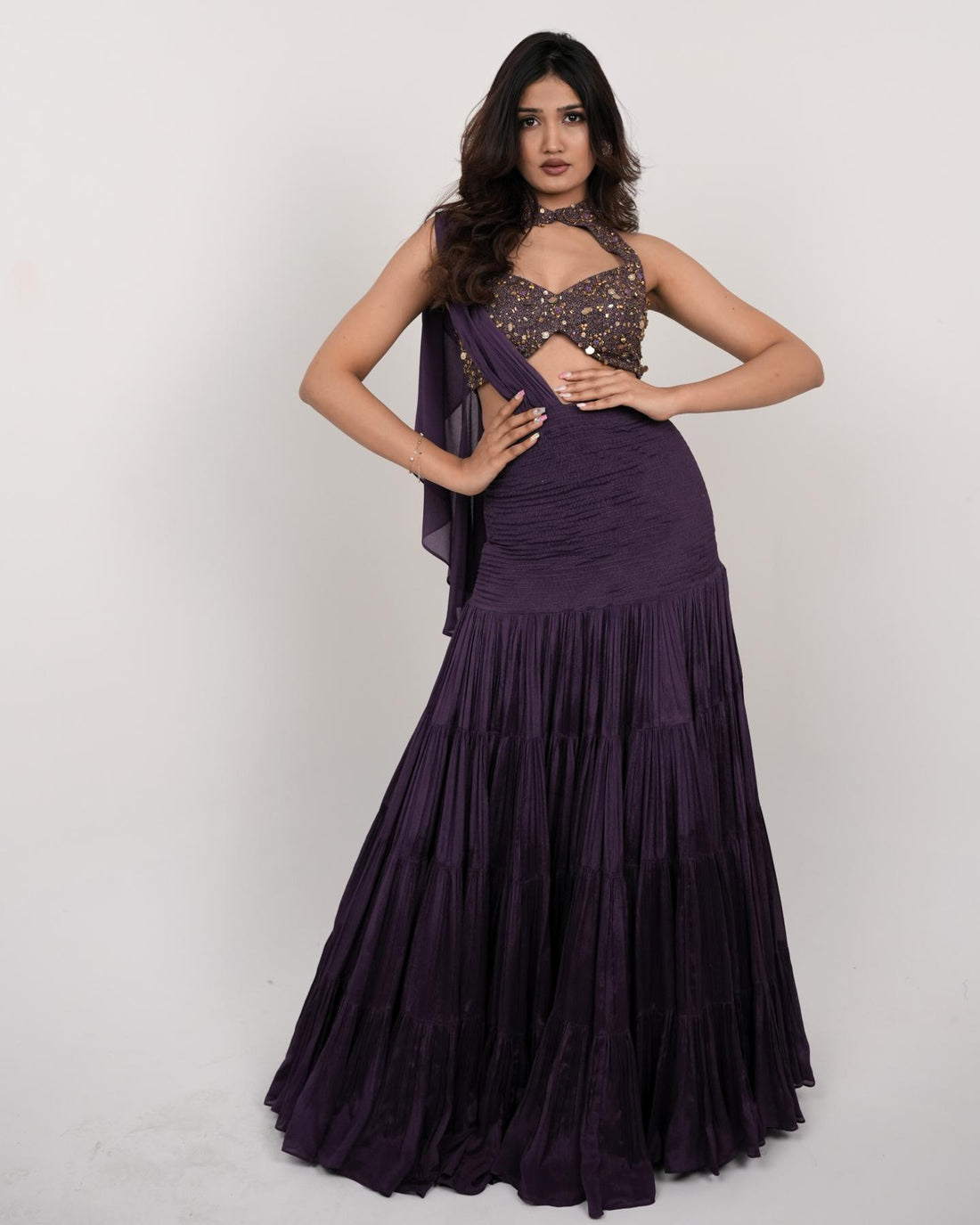 Grape wine pre-Draped Lehenga saree with Halter neck Blouse
